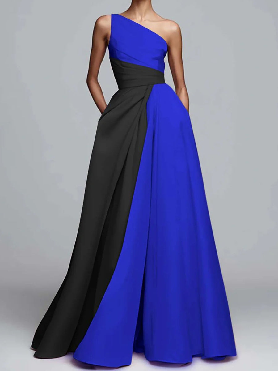 A-Line/Princess One Shoulder Patchwork Satin Long Prom Dresses with Pockets