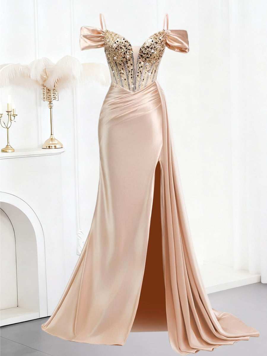Sparkly Spaghetti Strap V-Neck Off Shoulder Long Formal Prom Dresses with Trail