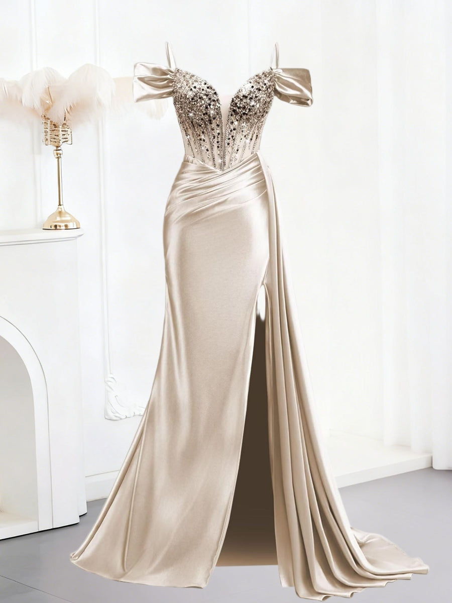 Sparkly Spaghetti Strap V-Neck Off Shoulder Long Formal Prom Dresses with Trail