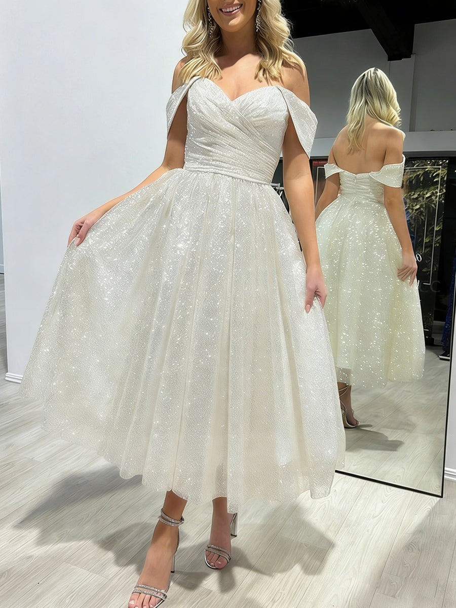 A-Line/Princess Off Shoulder Pleated Tea-Length Prom Dresses with Sparkly Sequins