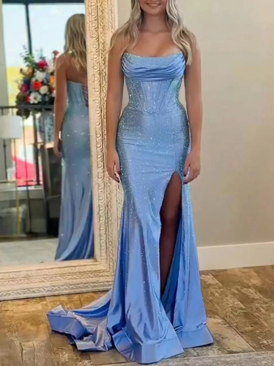 Strapless Cowl Neck Beading Mermaid Long Prom Dresses