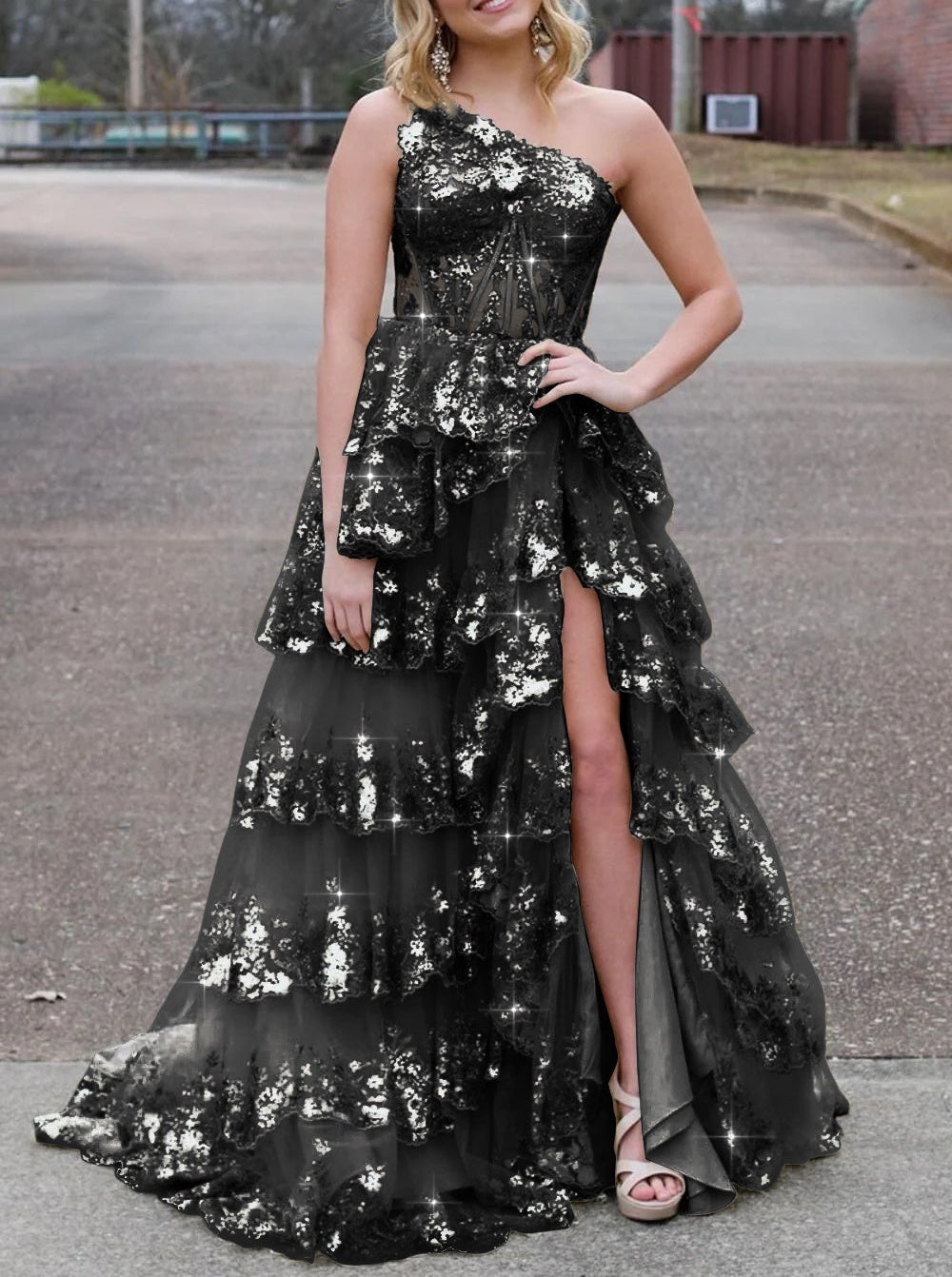 Sparkly Sequin One Shoulder Tiered Long Prom Dresses with Slit
