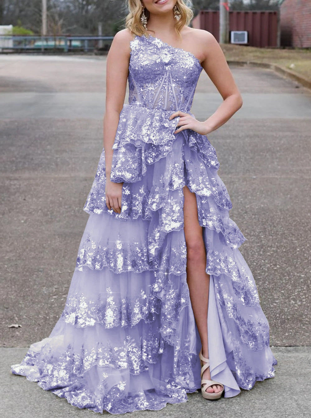 Sparkly Sequin One Shoulder Tiered Long Prom Dresses with Slit