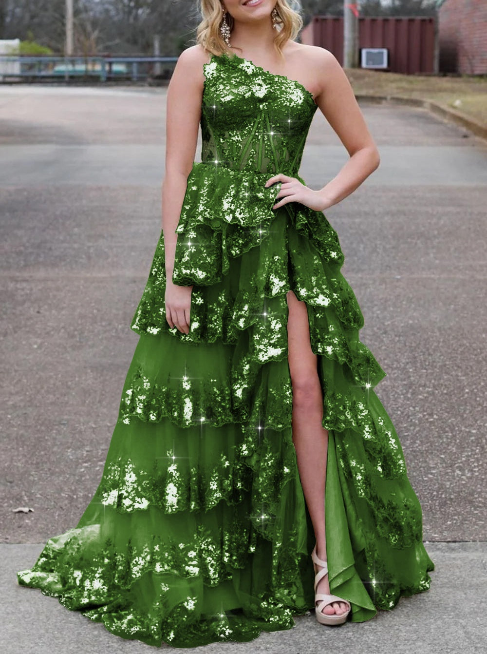 Sparkly Sequin One Shoulder Tiered Long Prom Dresses with Slit
