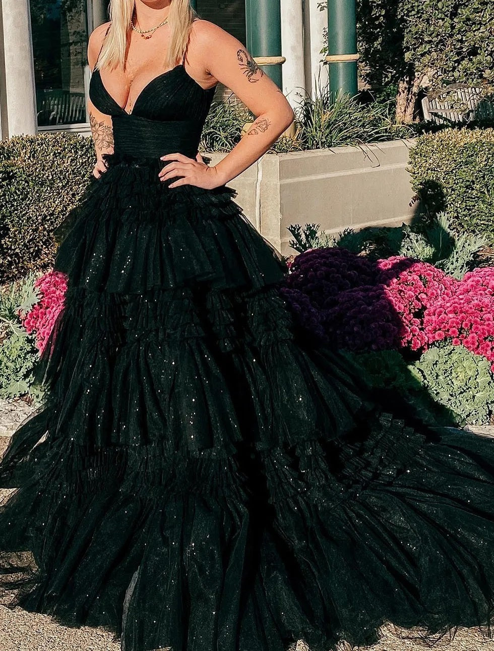 Tulle Spaghetti Strap Tiered Long Prom Dresses Ruffle Ball Gown