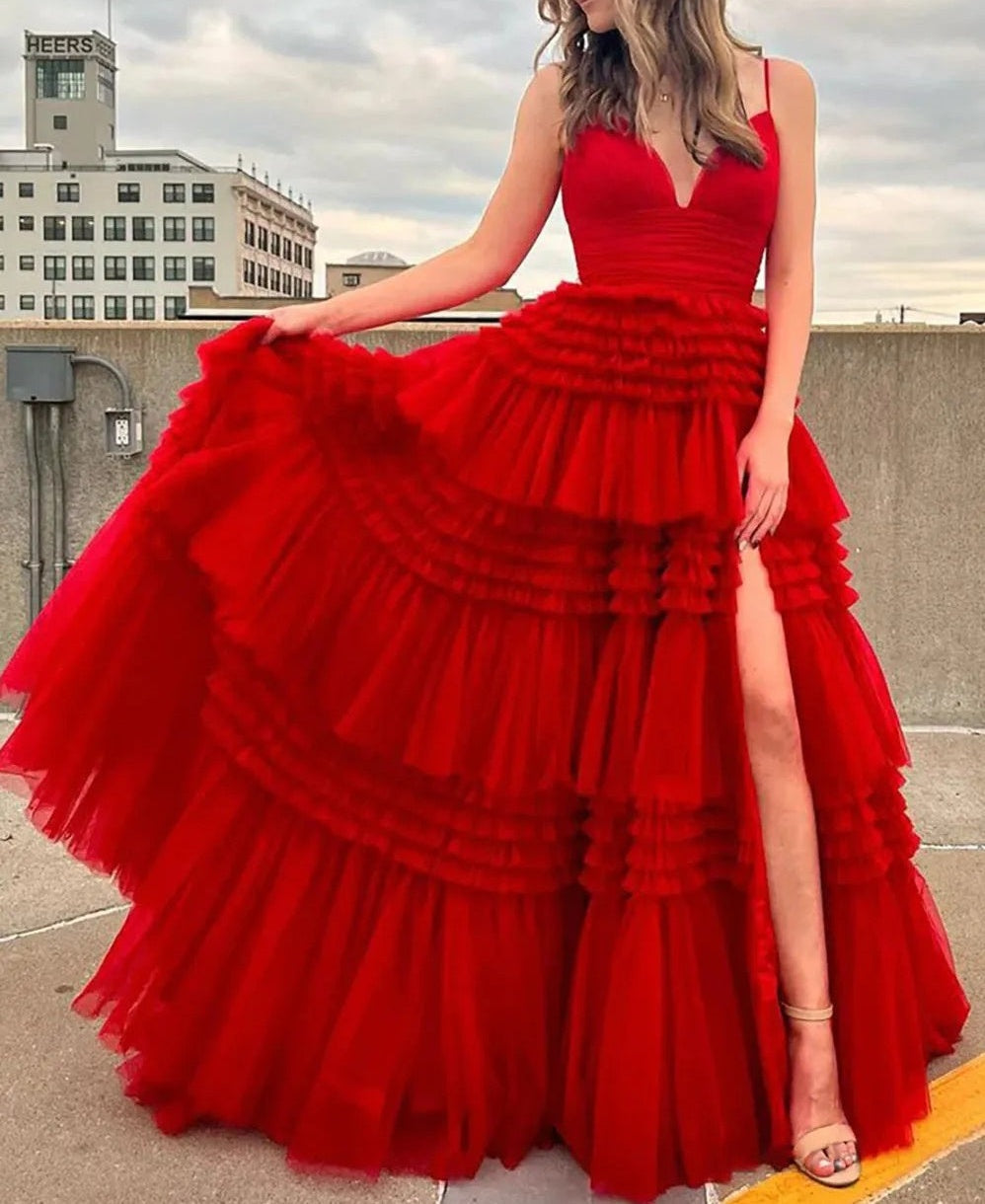 Tulle Spaghetti Strap Tiered Long Prom Dresses Ruffle Ball Gown