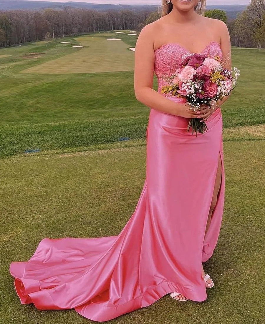 Strapless Sweetheart Patchwork Long Prom Dresses with Lace Applique