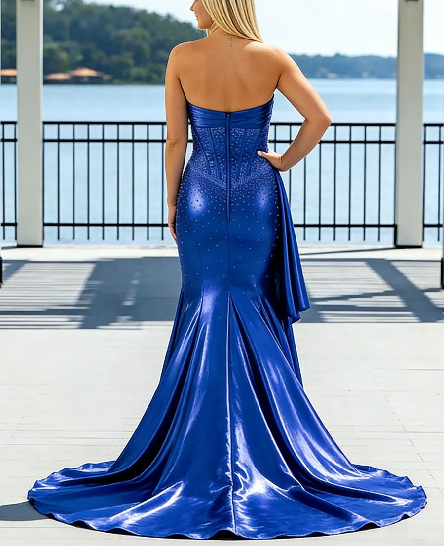 Sweetheart Satin Ruffle Mermaid Long Prom Dresses with Beading