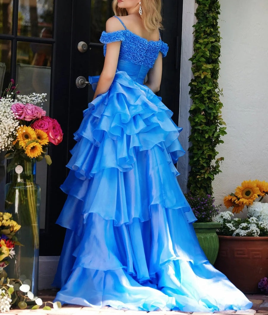 Spaghetti Strap Cold Shoulder Princess Long Prom Dresses with Tiered Taffeta