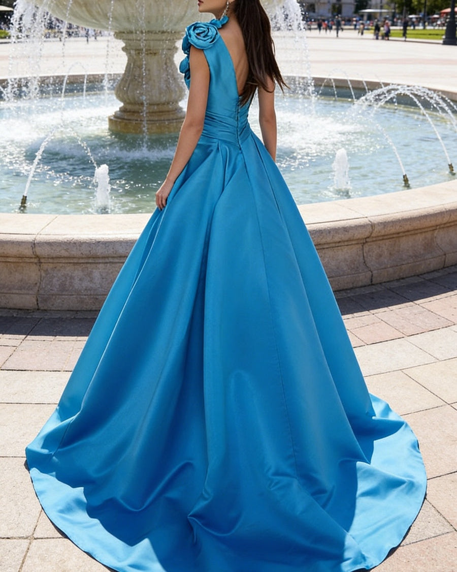 A-Line/Princess One Shoulder High Split Pleated Satin Prom Dresses with Flowers