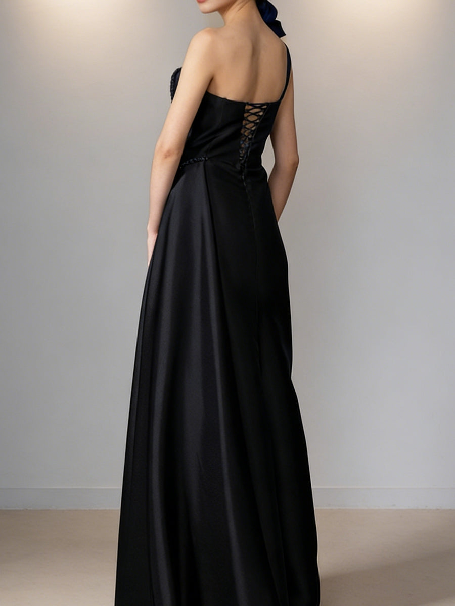 Sheath/Column One Shoulder Ruffled Pleated Satin Floor-Length Prom Dresses with High Split