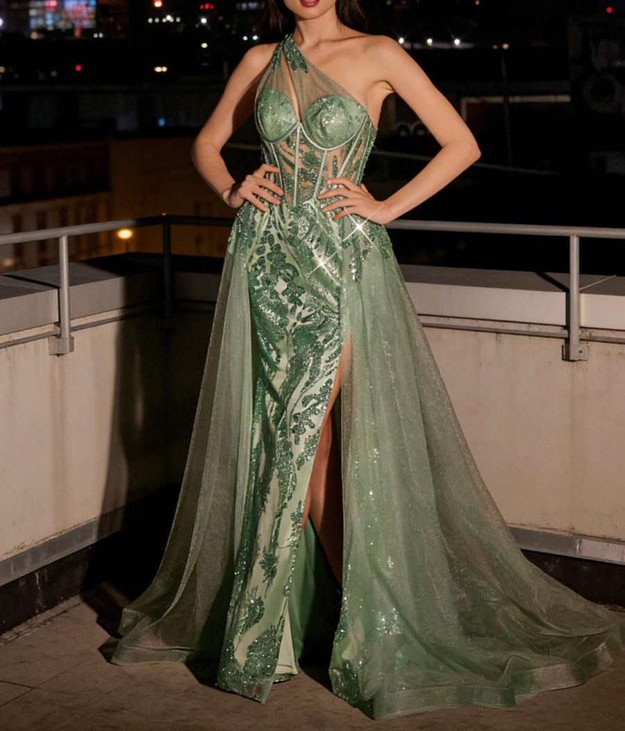 Glitter One Shoulder Sweetheart Long Prom Dresses with Drape