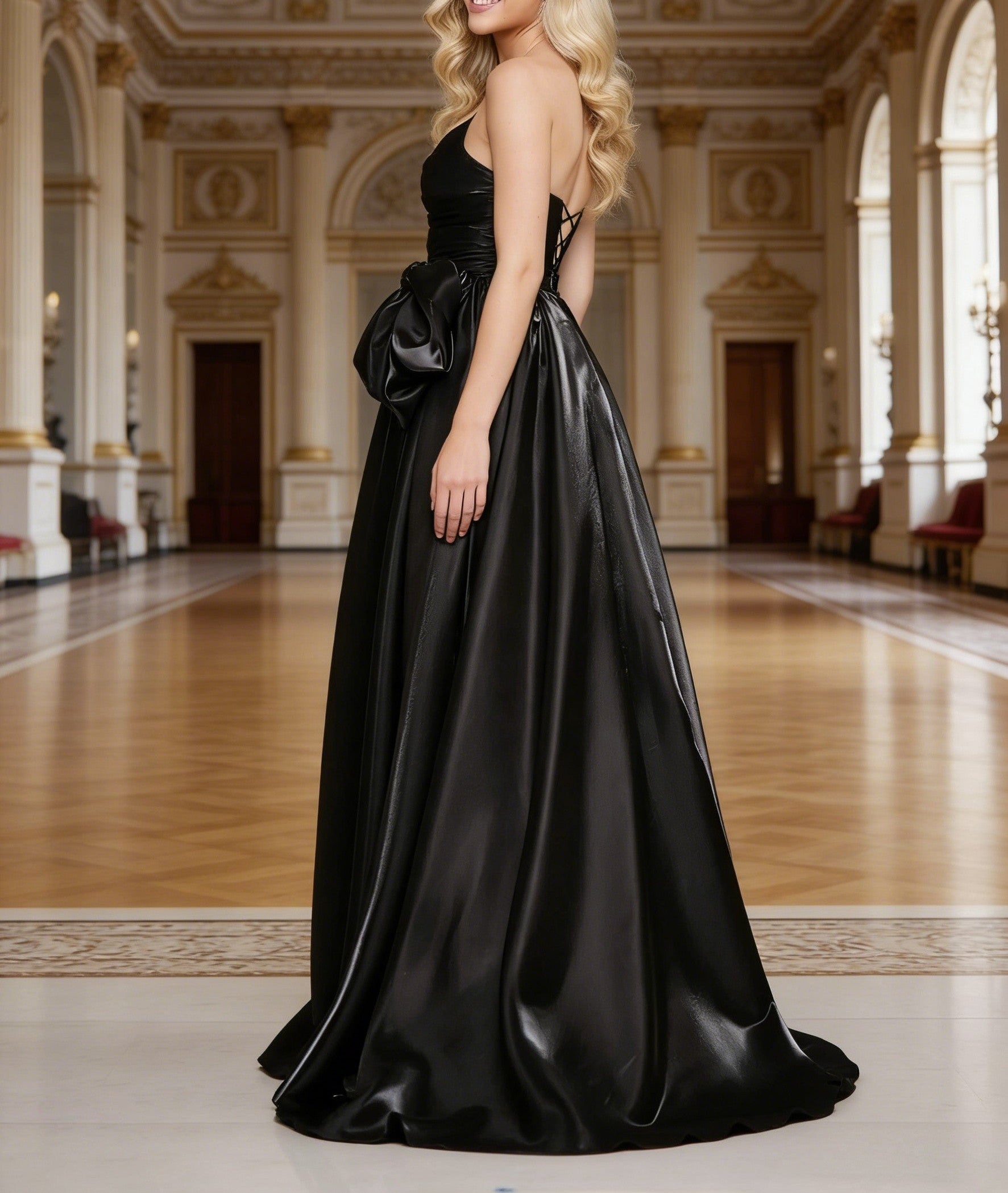 A-Line/Princess Strapless Ruched Satin Long Prom Dresses with Waist Bow