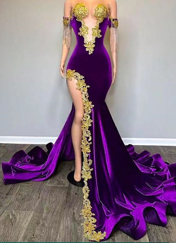 Off the shoulder V-neck Gold Appliques Mermaid Velvert Prom Dresses