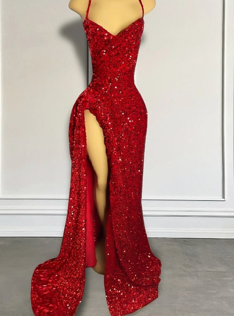 Straps Burgundy High Split Floor Length Prom Dresses