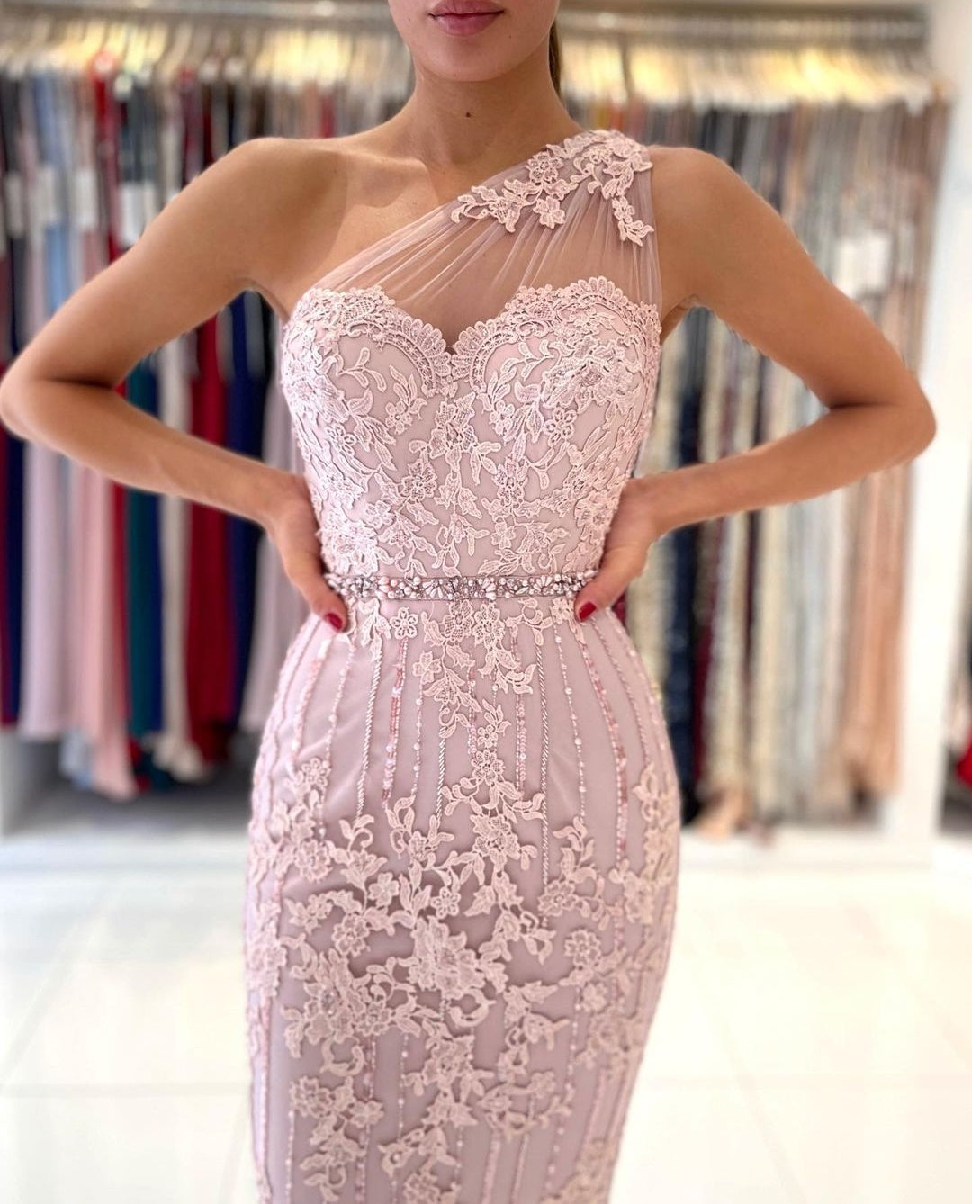 Gorgeous One Shoulder Lace Sheath Prom Dress Online With Crystal