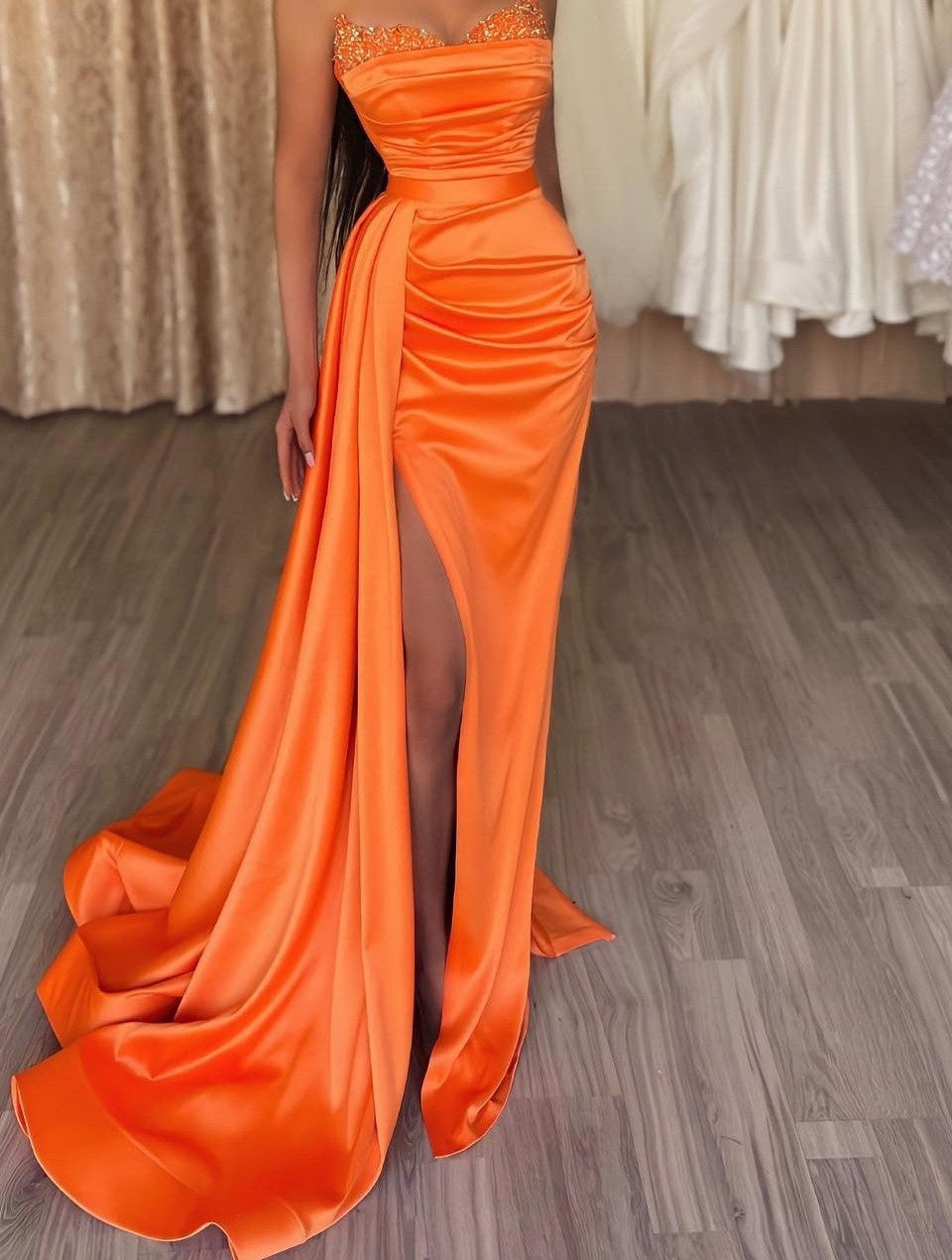 Orange Sweetheart Mermaid Prom Dress Long Slit Ruffles With Sequins