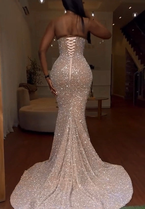 Sweetheart Sequins Backless Sleeveless Mermaid Prom Dress