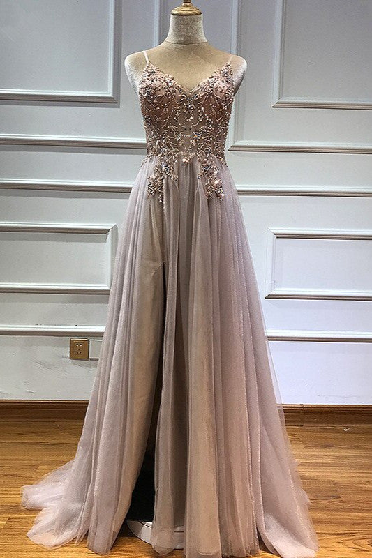 Glamorous V-neck Spaghetti-Straps Tulle Prom Dress Beadings Long Evening Gowns