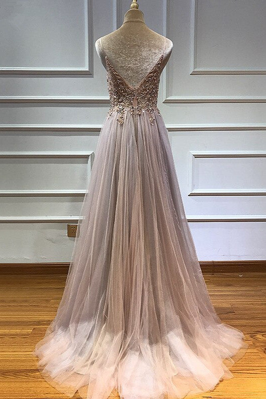 Glamorous V-neck Spaghetti-Straps Tulle Prom Dress Beadings Long Evening Gowns