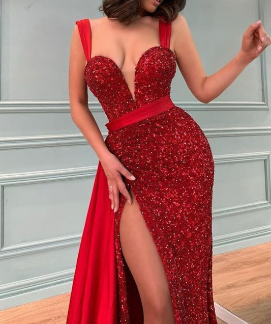 Glamorous Red Sequins Beadings Mermaid Prom Dress Split With Ruffles