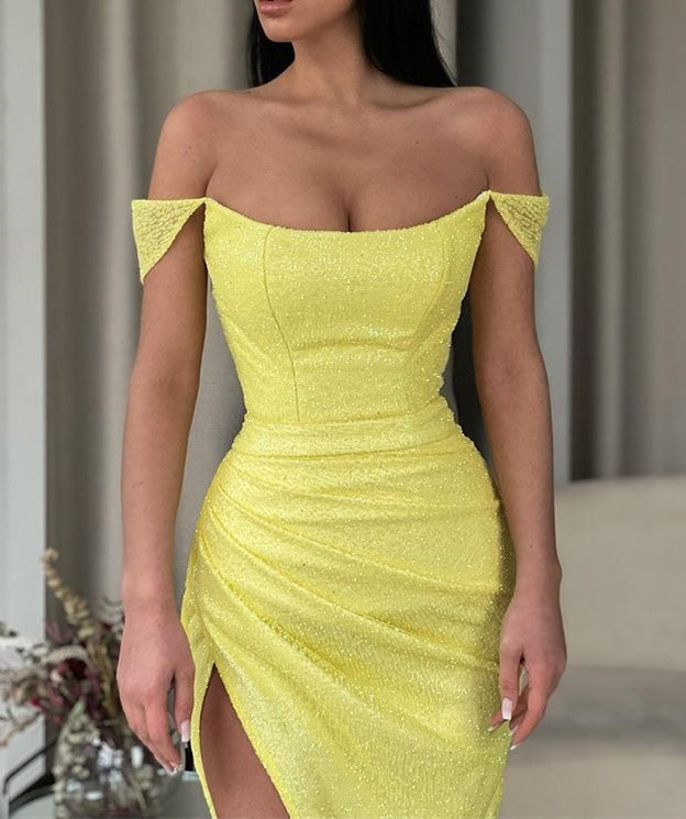 Off-the-Shoulder Daffodil Mermaid Prom Dress Sequins Long Split