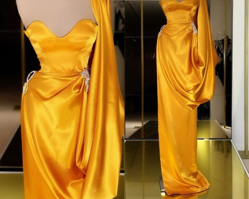 Designer Yellow Gold One Shoulder Long Evening Prom Dress With  Ruffles