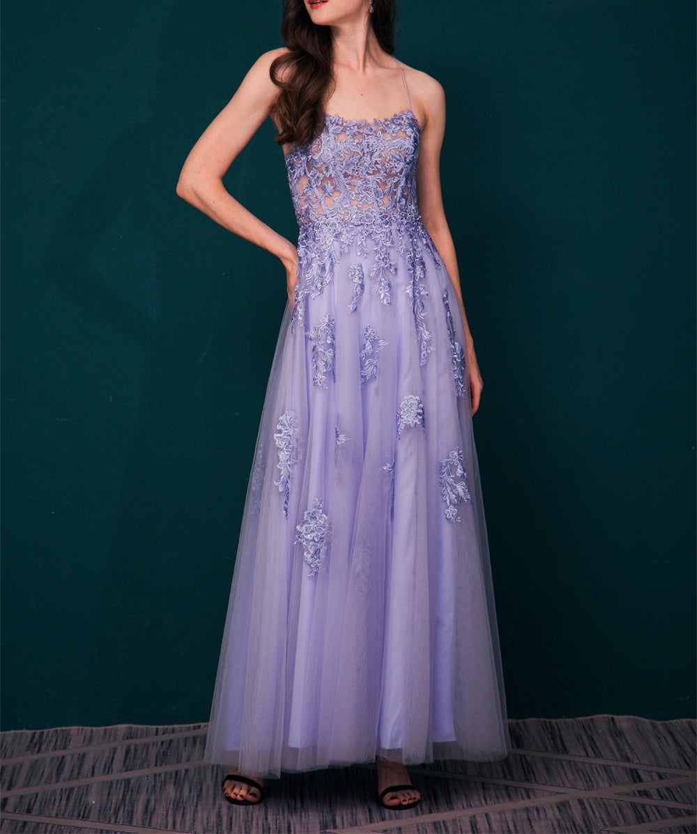 Burgundy Spaghetti Strap Lace Appliques High split Prom Dress