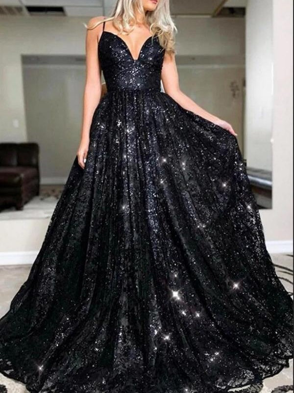 Glamorous Spaghetti-Straps Black Sequins Long Evening Prom Dress