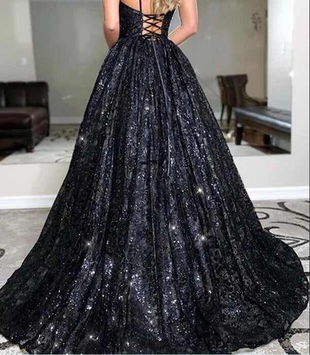 Glamorous Spaghetti-Straps Black Sequins Long Evening Prom Dress