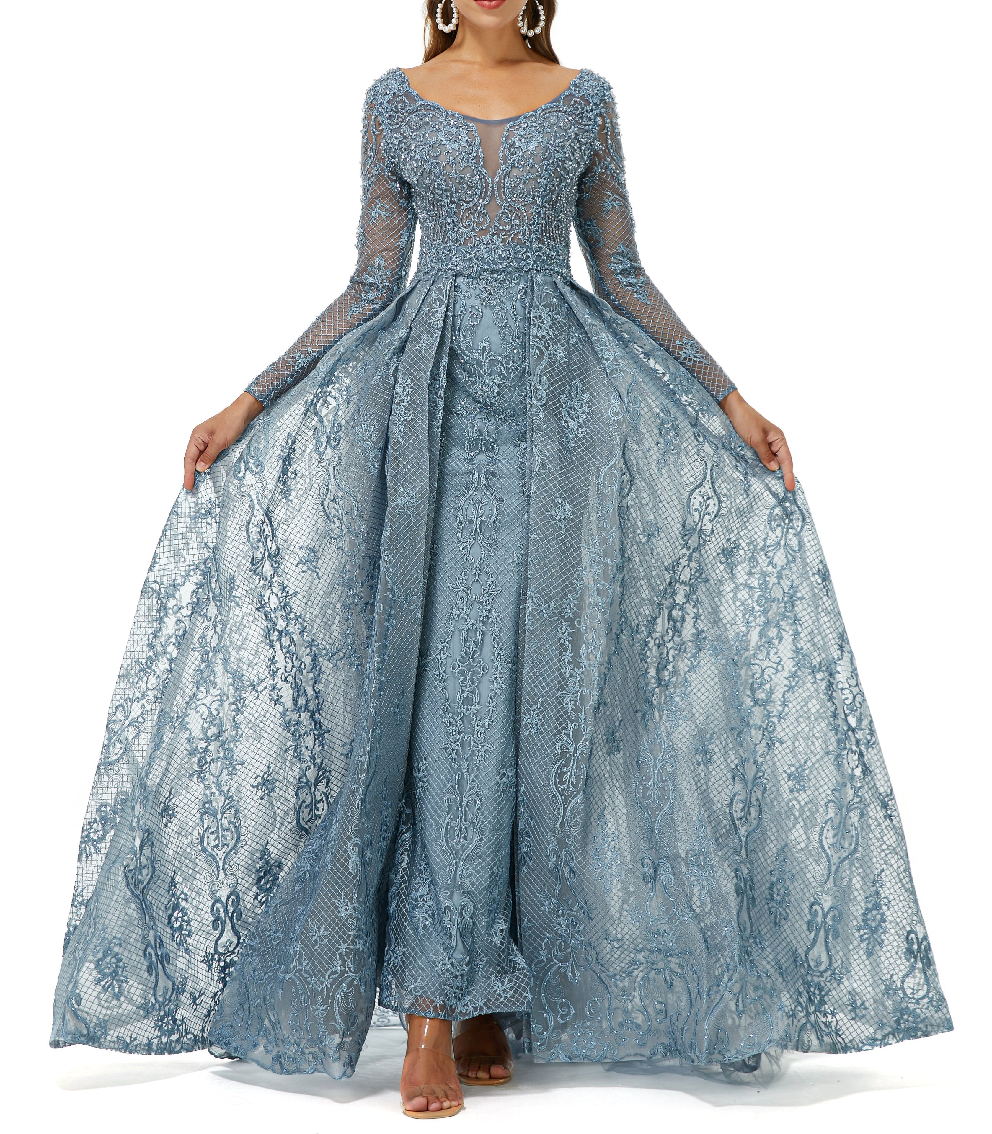 ombreprom Design | Sparkle Dusty Blue Beaded Mermaid Long sleeves Prom Dresses with Overskirt