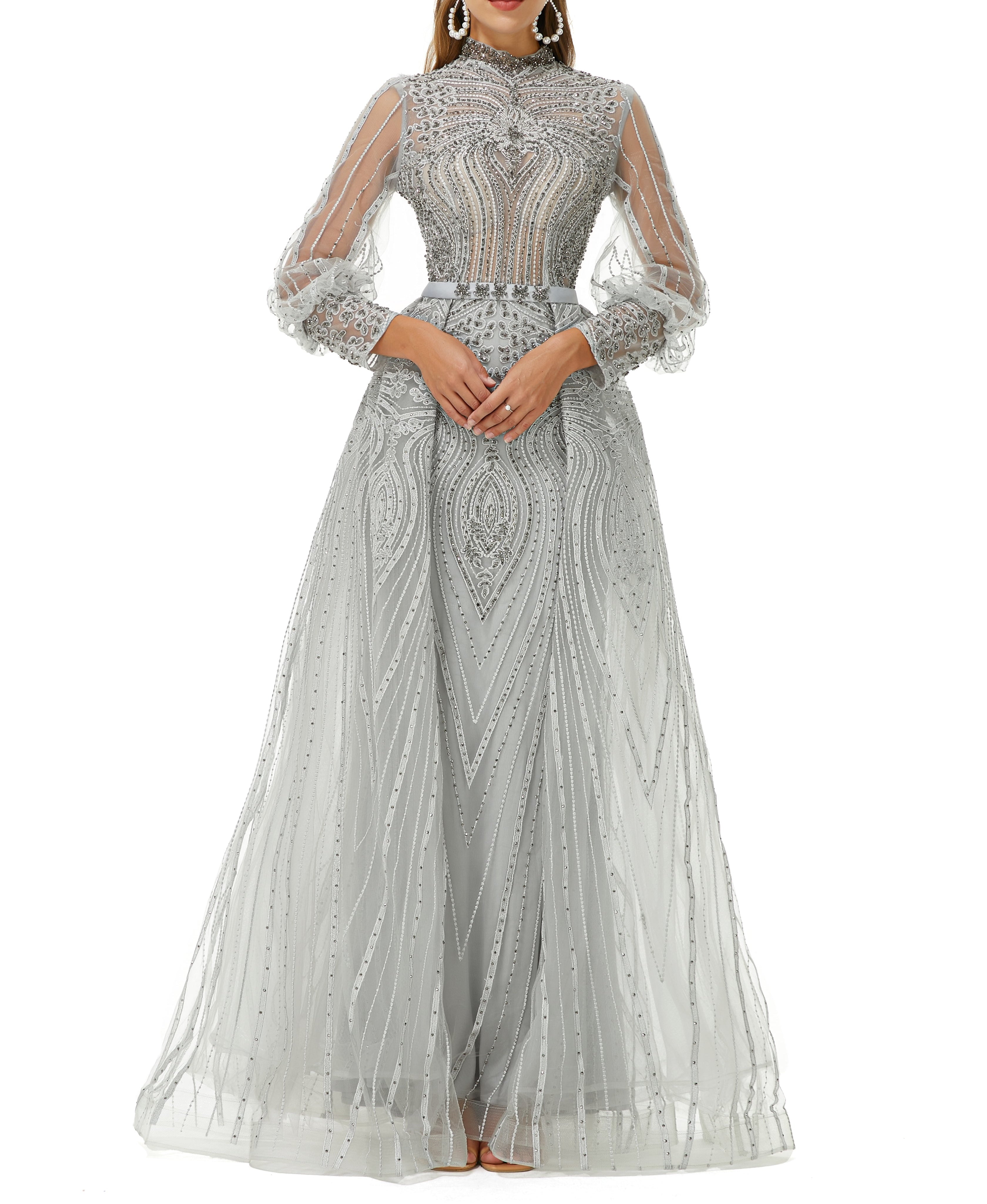 ombreprom Design | Sparkle Gray Beaded Mermaid Long sleeves Prom Dresses with Overskirt