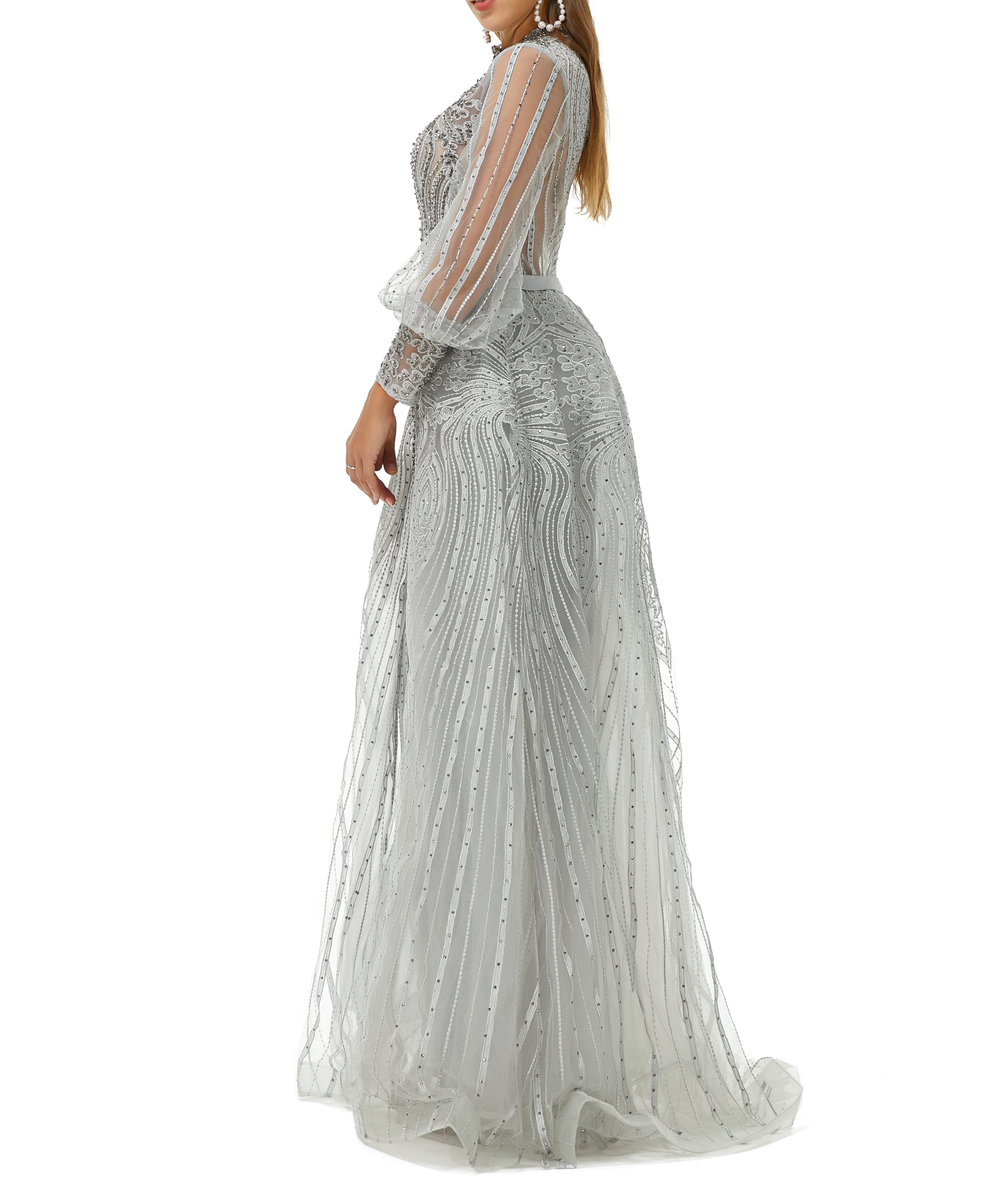 ombreprom Design | Sparkle Gray Beaded Mermaid Long sleeves Prom Dresses with Overskirt