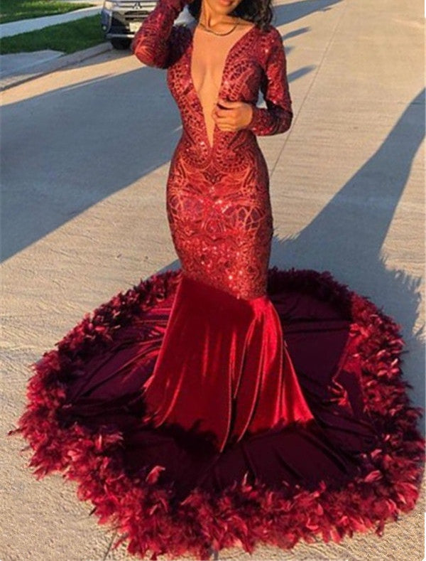 Gorgeous Long Sleeves Burgundy Lace Sequins Prom Dress Mermaid With Feather