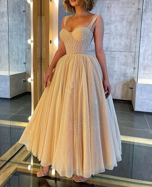 Shinning Straps Sweetheart Prom Dress Sequins Midi Length Sleeveless