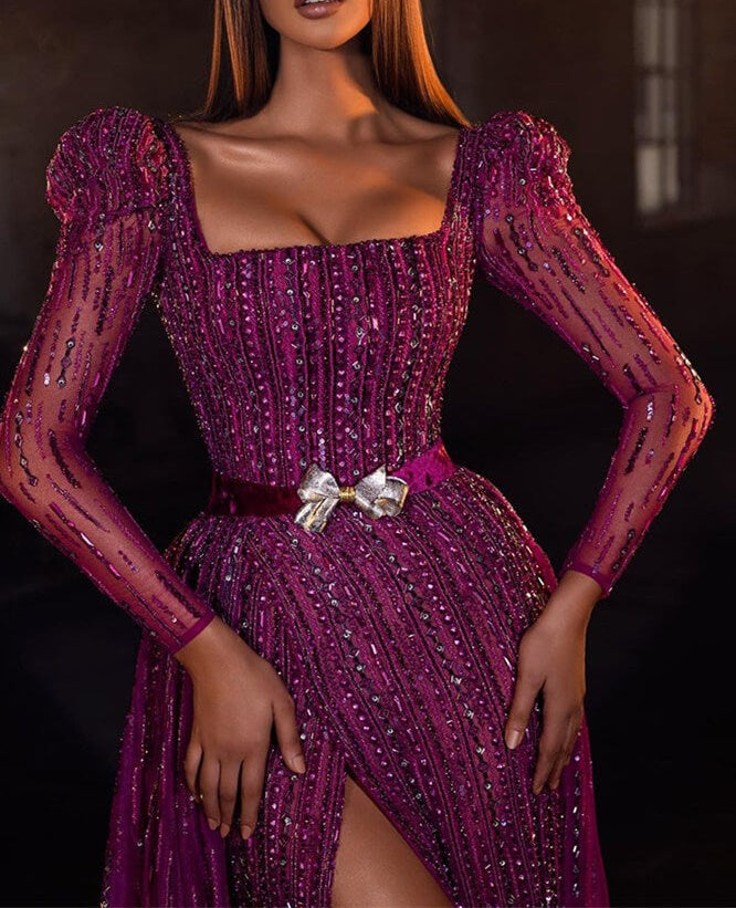 Chic Purple Square Prom Dress Mermaid Long Sleeves Beadings With Split