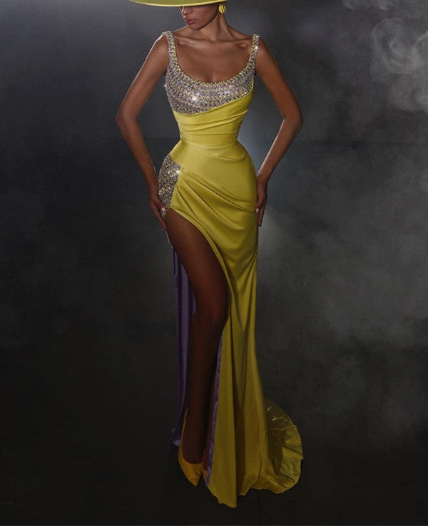ombreprom Yellow Scoop Sleeveless Prom Dress Mermaid Slit With Beads