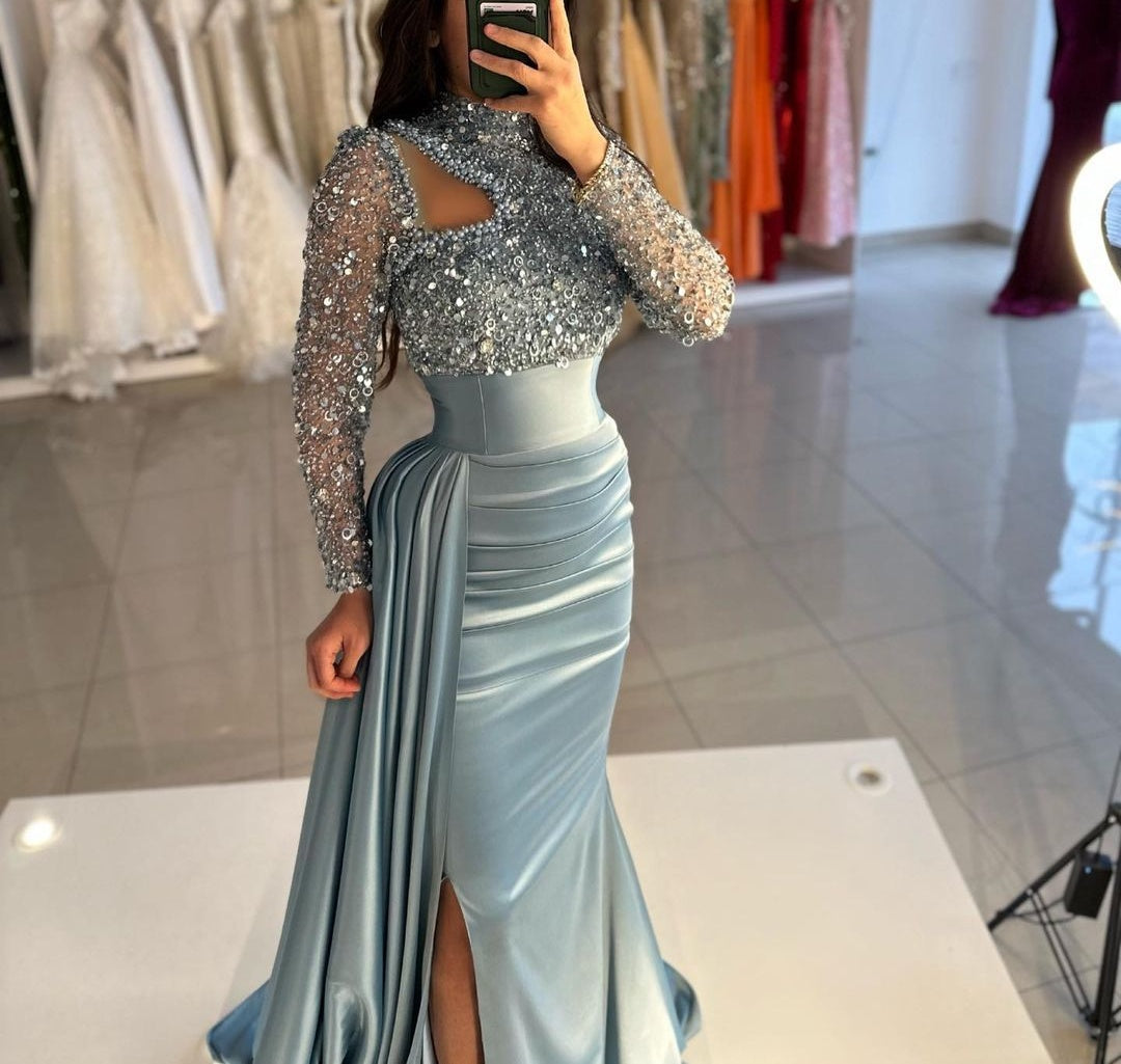 ombreprom Dusty Blue Long Sleeves Prom Dress Mermaid With Sequins High Neck