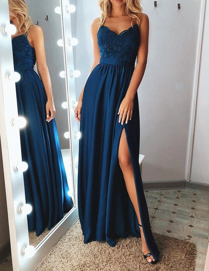 Beautiful Spaghetti-Straps Lace Appliques Prom Dress Long With Split