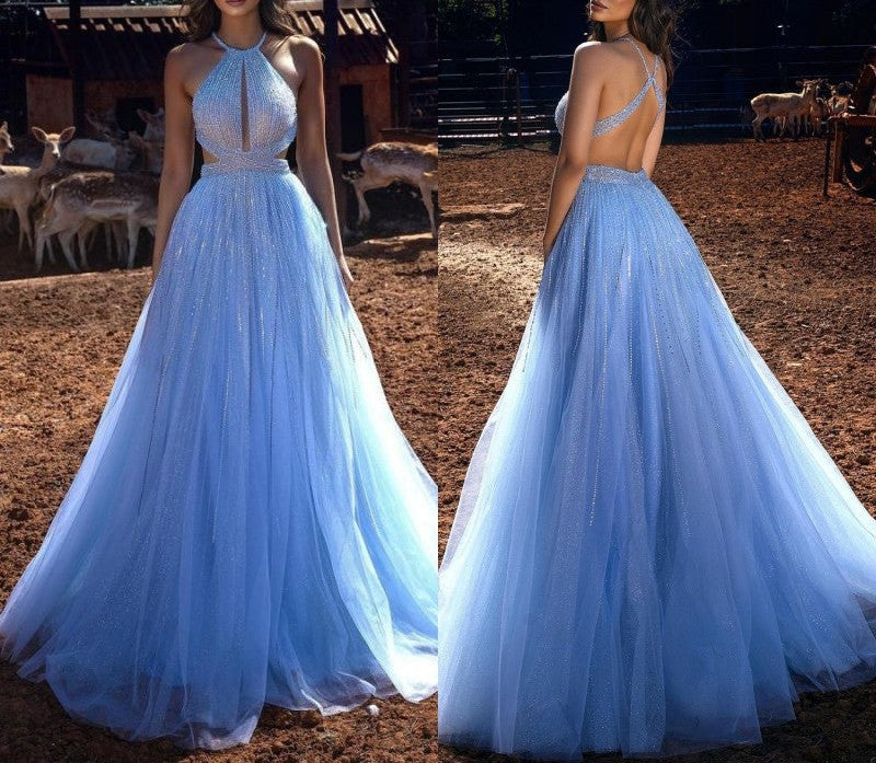 Blue Halter Beadings Long Prom Dress Tulle Evening Party Gowns