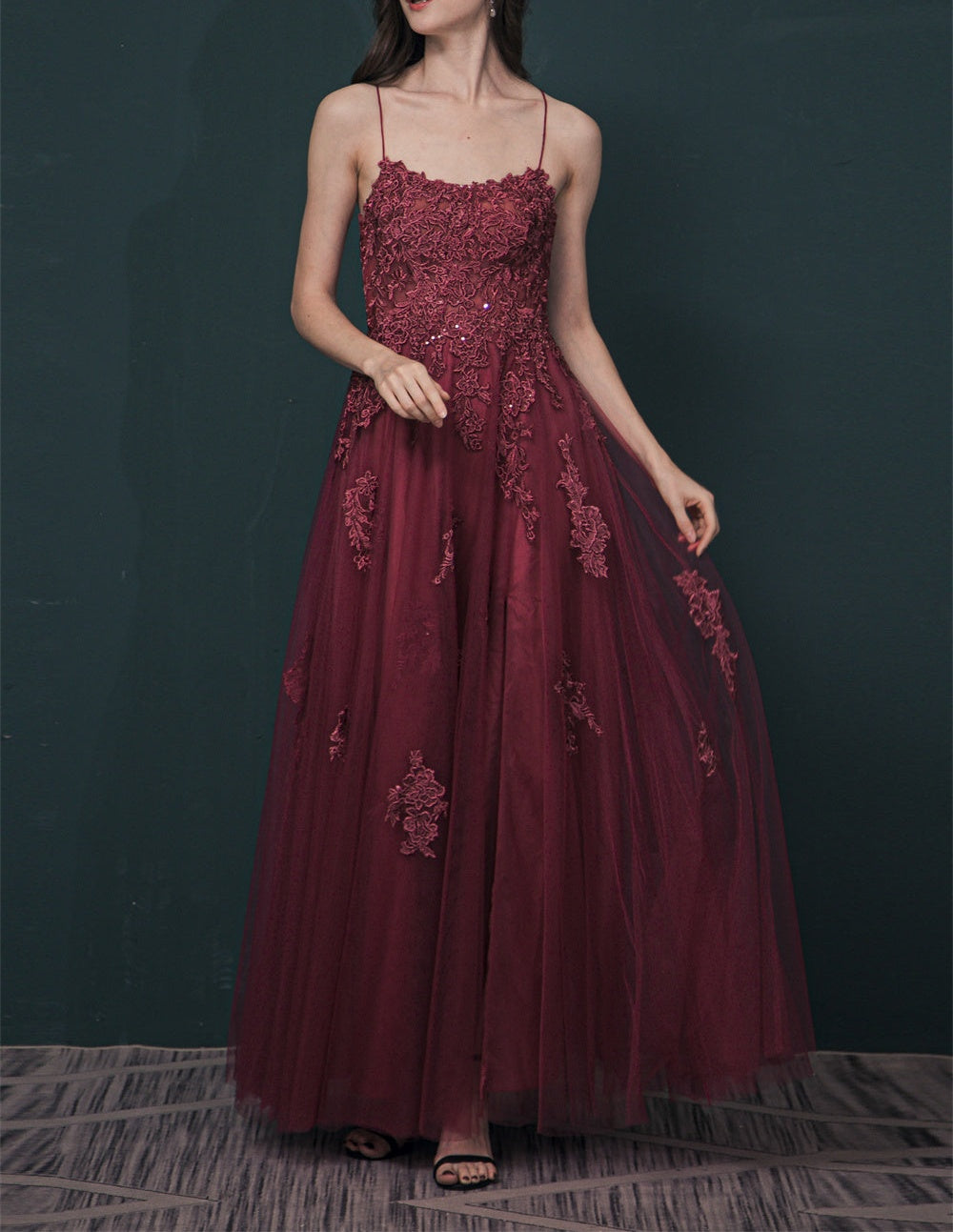 Lavender Spaghetti Strap Lace Appliques High split Prom Dress