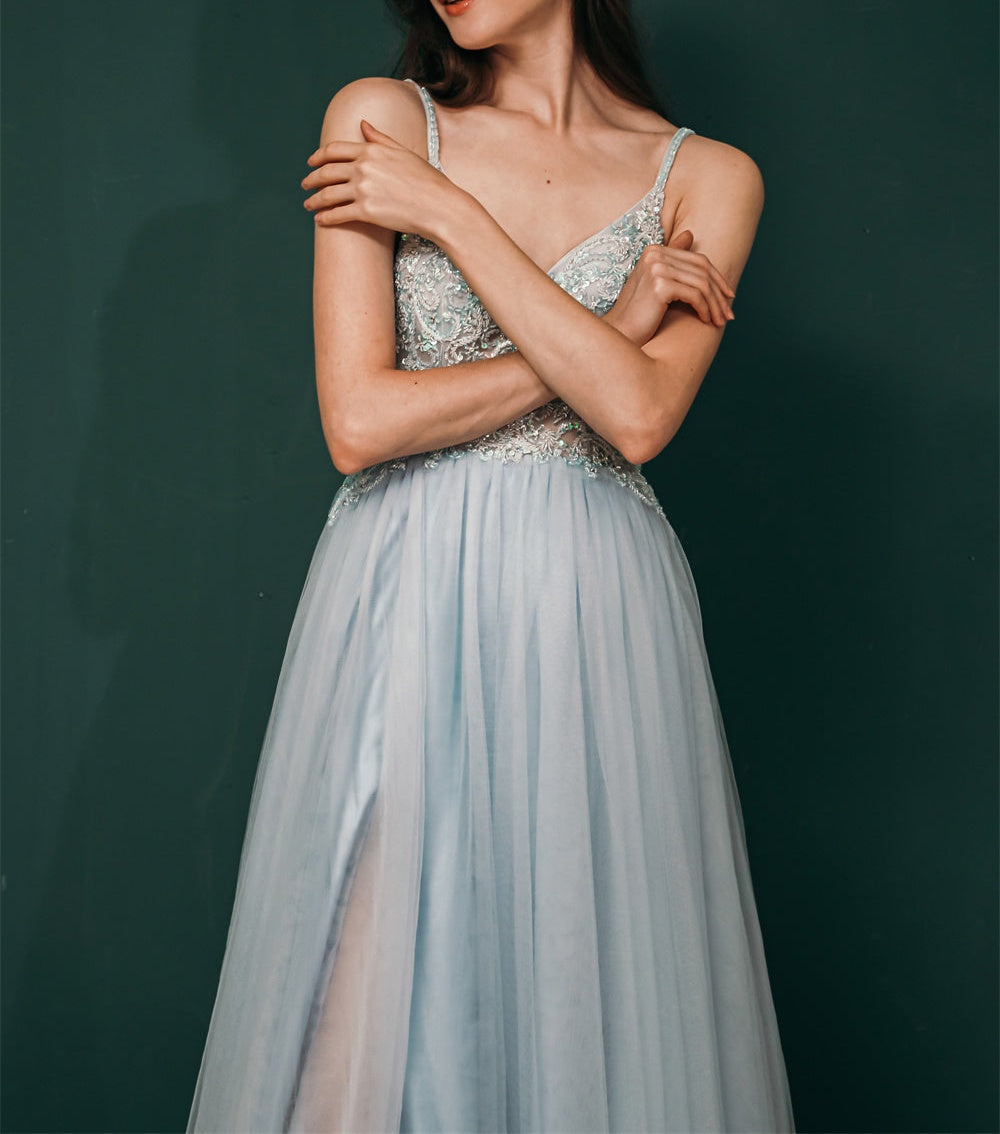 Light blue See-through Sparkle Appliques Prom Dress
