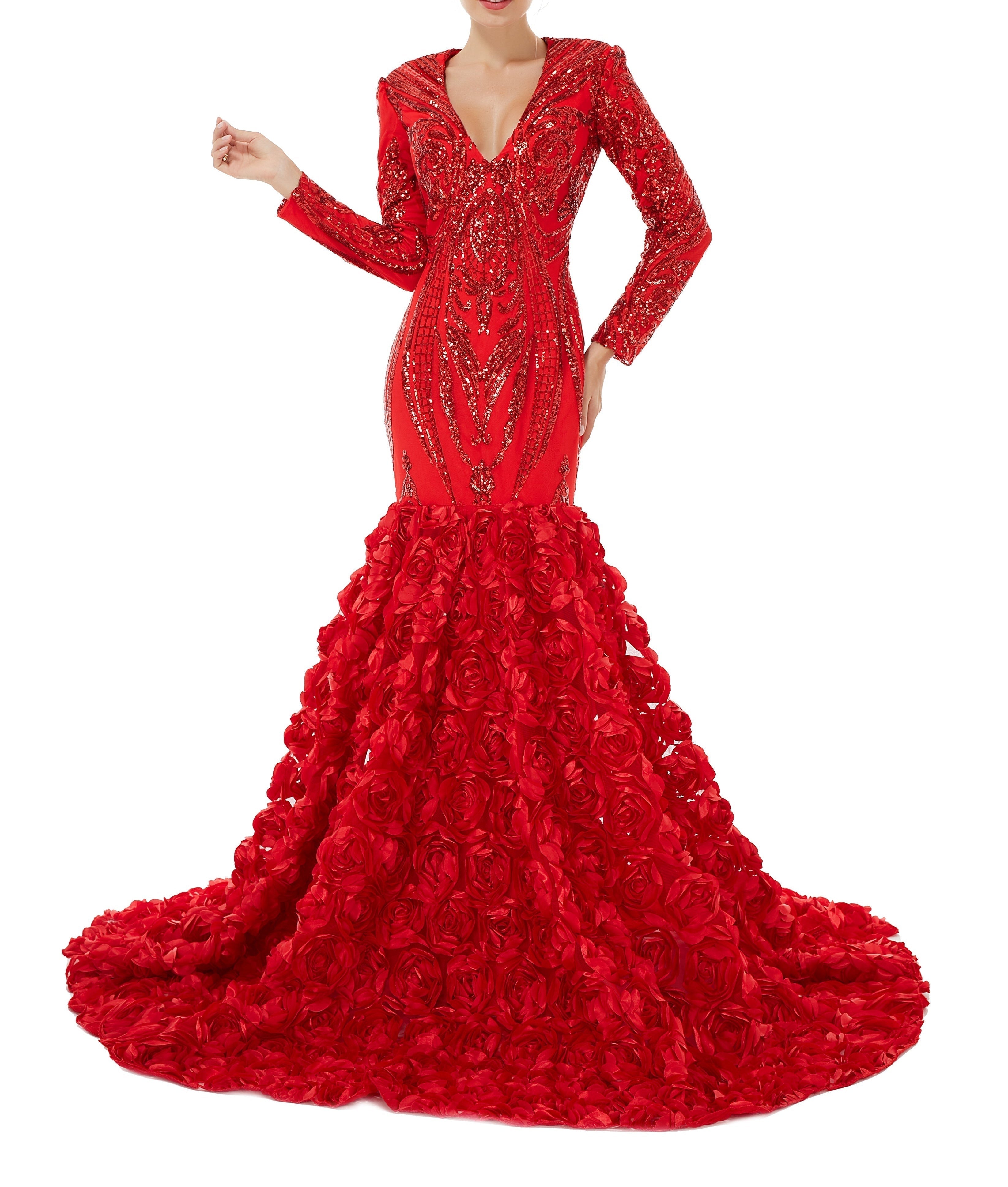 Sexy Sparkle Red Long sleeves V-neck Flowers Prom Dress | ombreprom Real Shooting