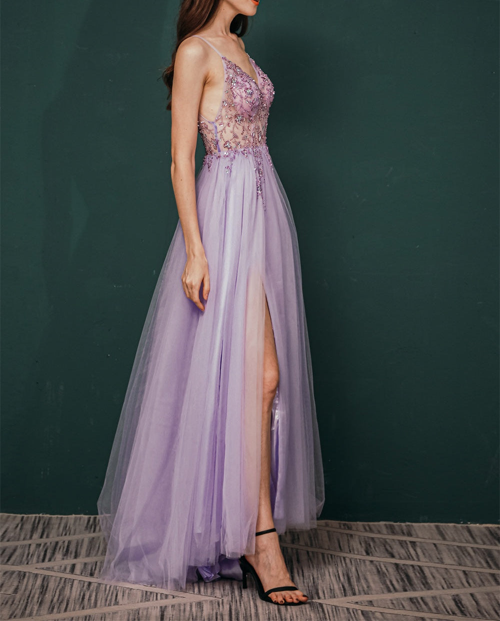 Sparkle Lilac Tulle High-split Spaghetti Strap Prom Dress