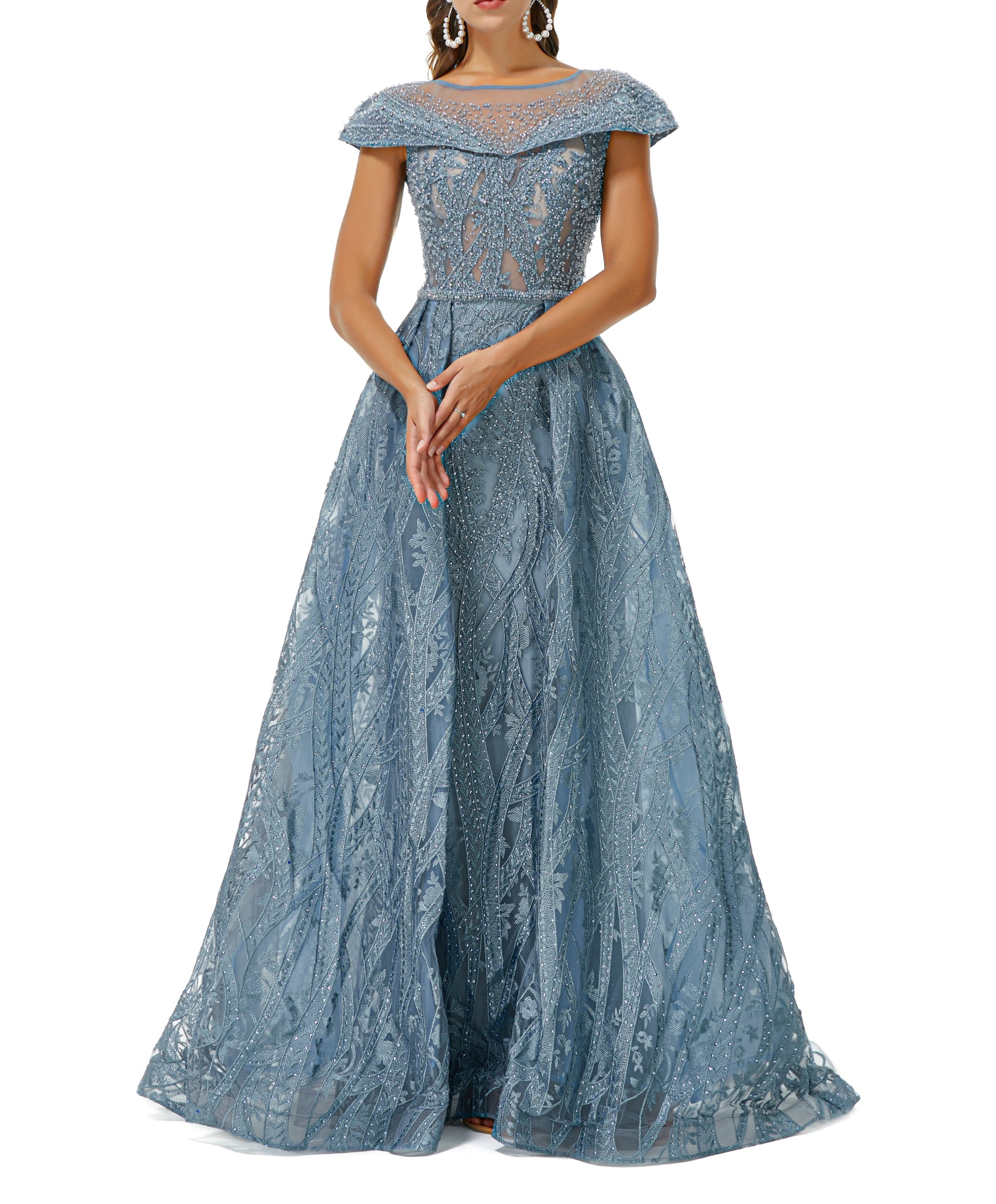 ombreprom Design | Sparkle Beaded Cap Sleeves Prom Dresses with Overskirt