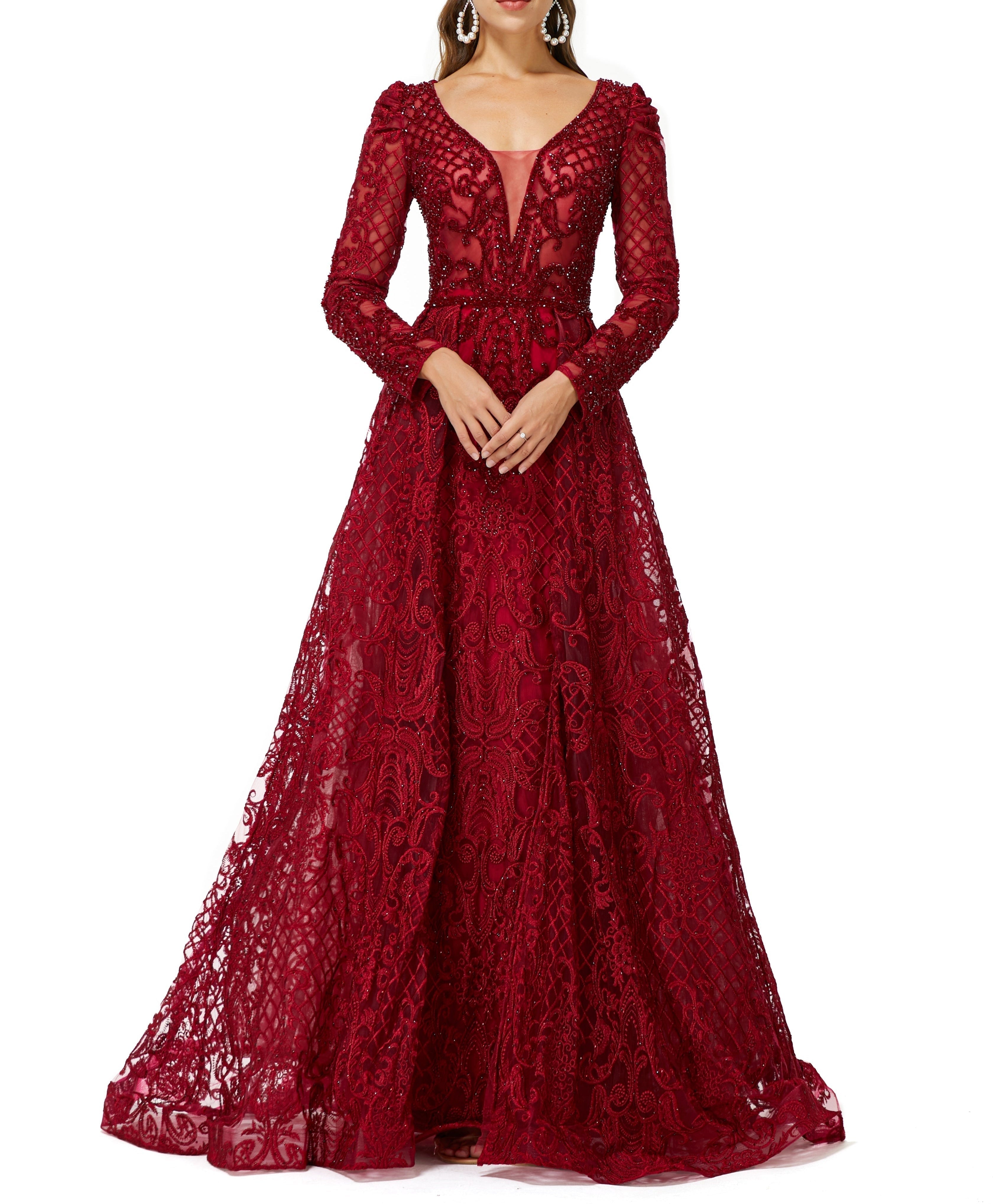ombreprom Design | Sparkle Beaded Wine Red Long Sleeves Prom Dresses
