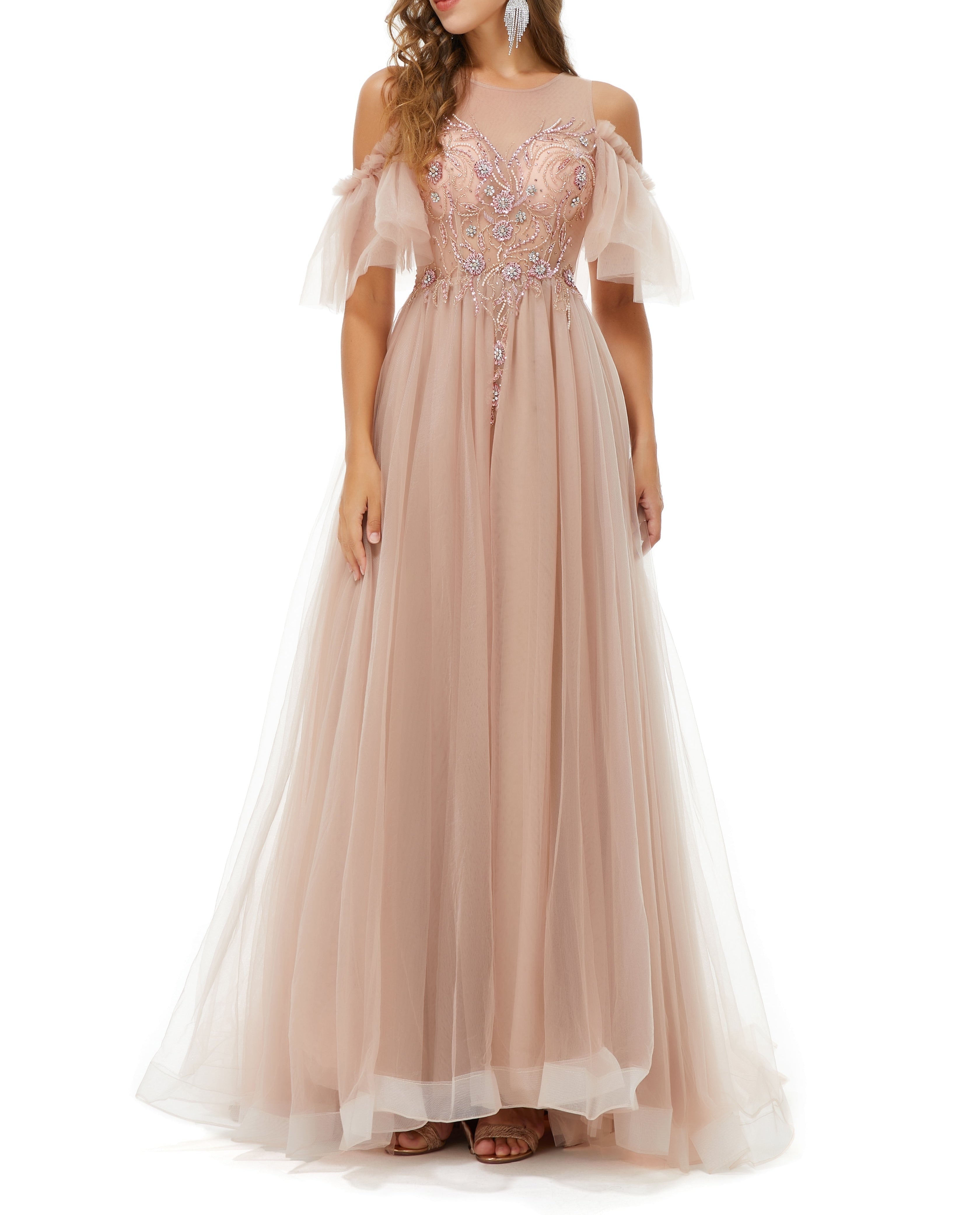 ombreprom Design | Sparkle Beaded Cool shoulder A-line Beaded Prom Dresses