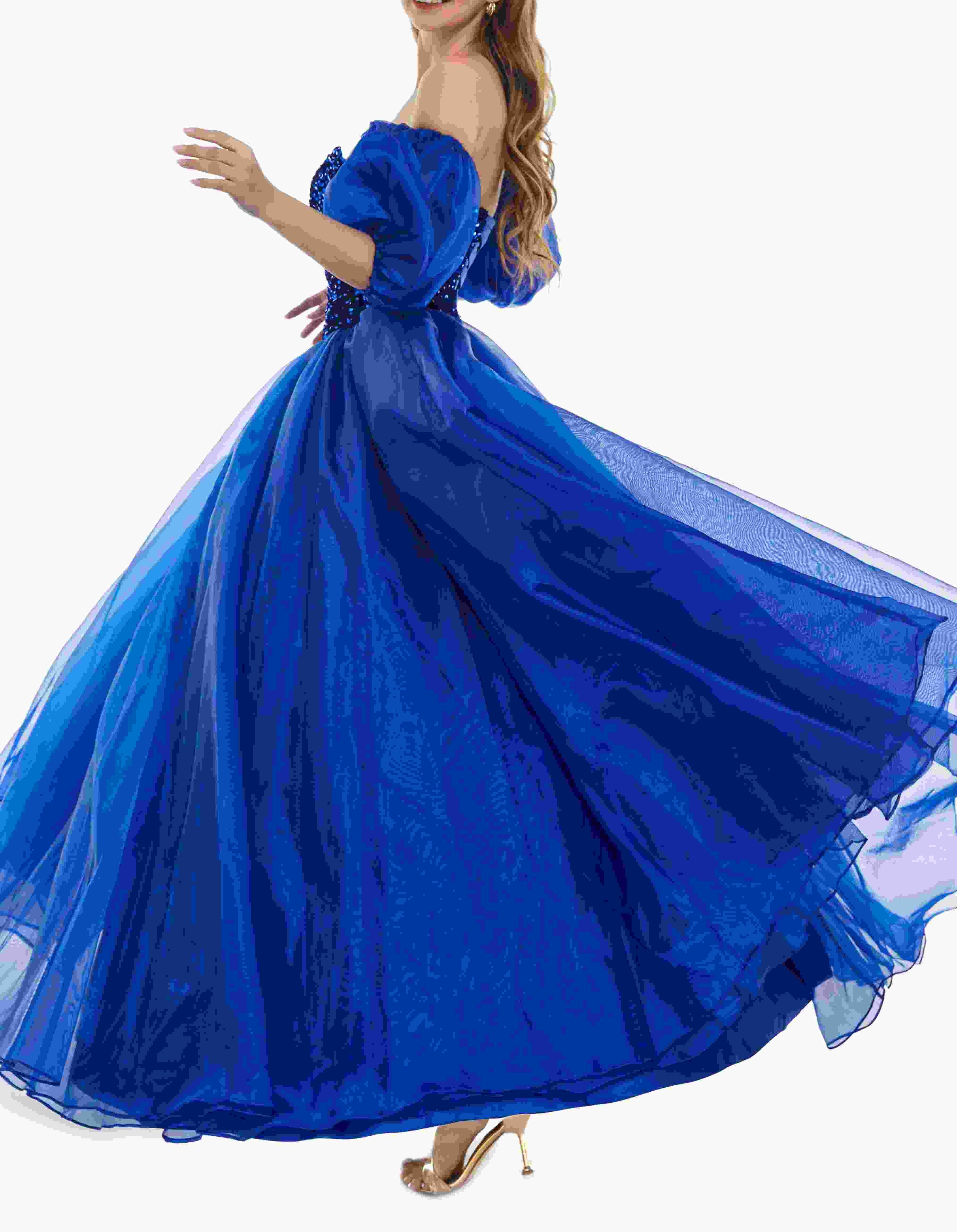 Sweetheart Royal Blue Bubble Sleeves Ball Gown Beaded Prom Dresses