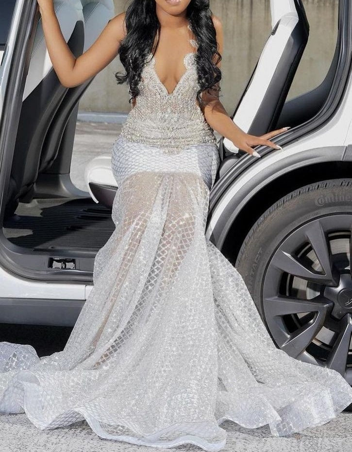 Straps V-neck Silver Beaded Mermaid Sparkle Prom Dresses