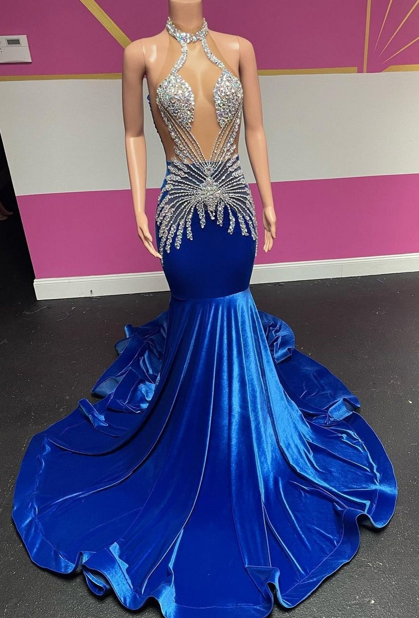 Royal Blue Halter Velvet Mermaid Silver Beaded Prom Dresses